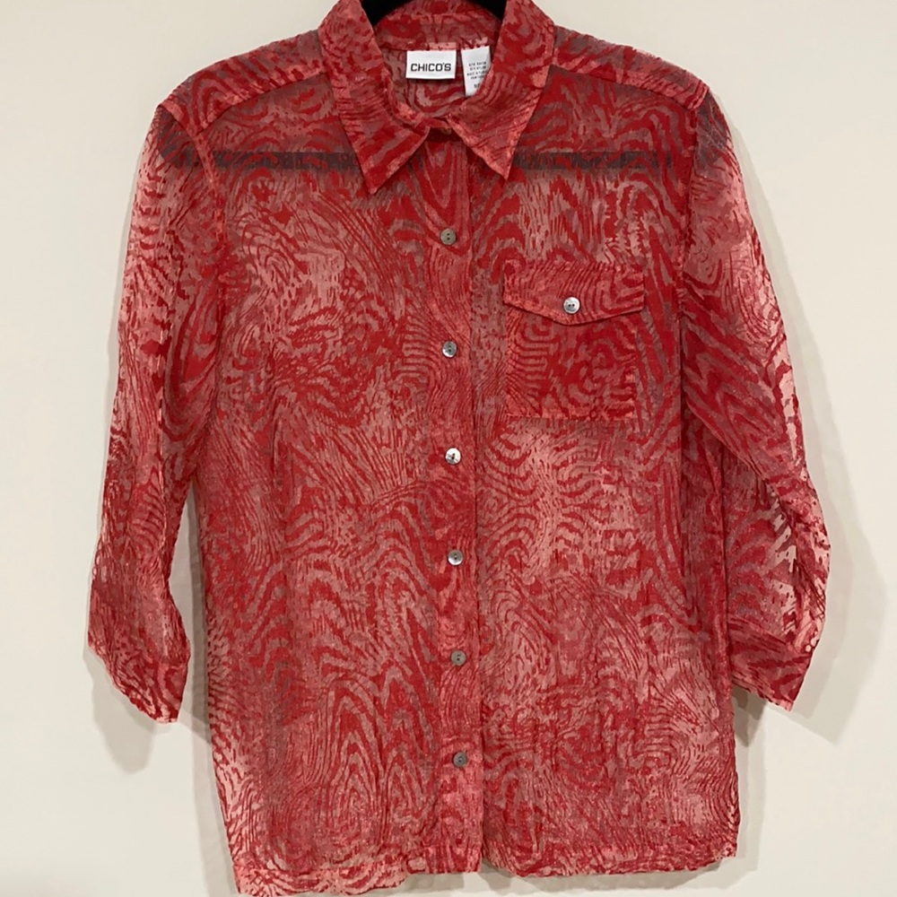 Chico’s Sheer Red Tiger Print Button Up Blouse